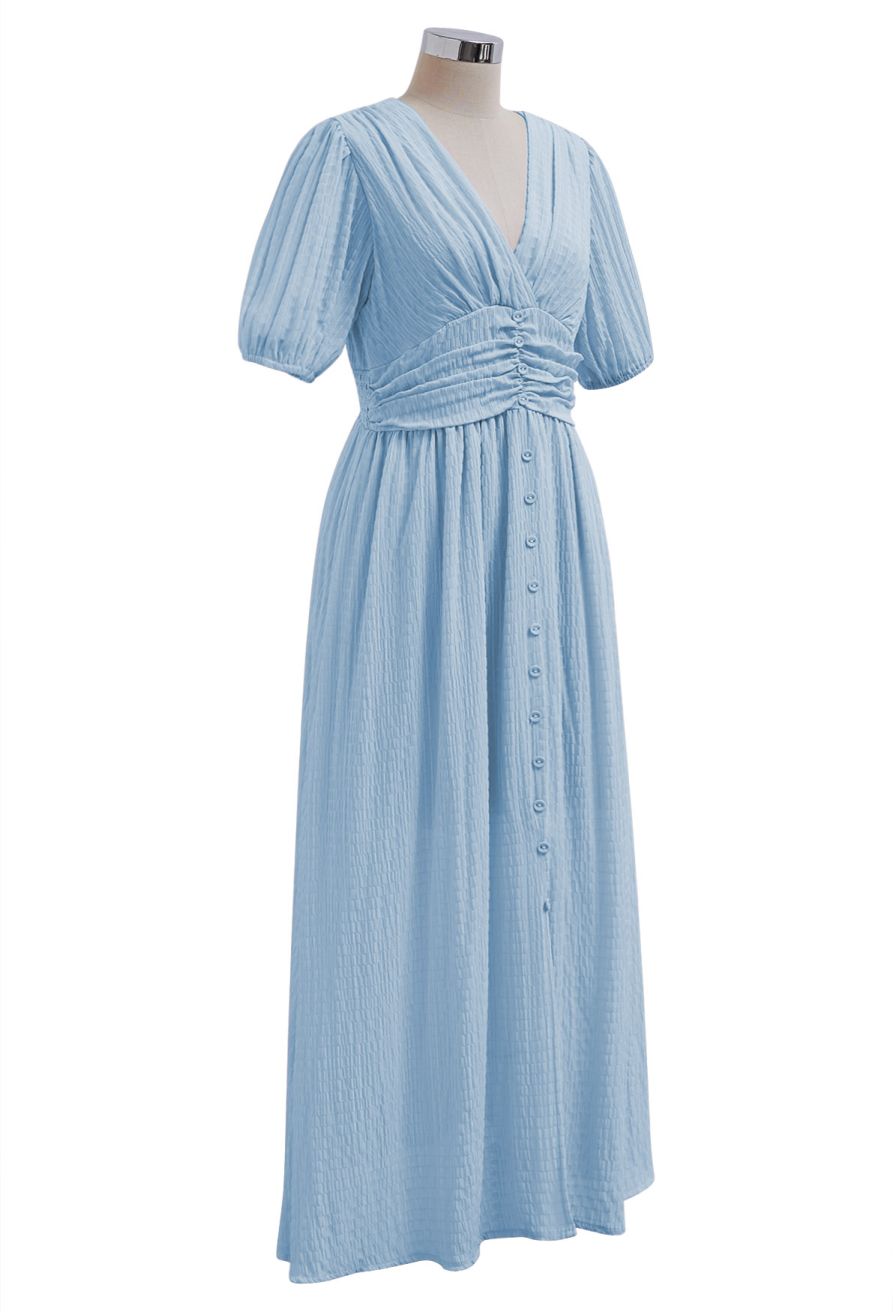 V-Neck Embossed Button Decor Dress in Light Blue
