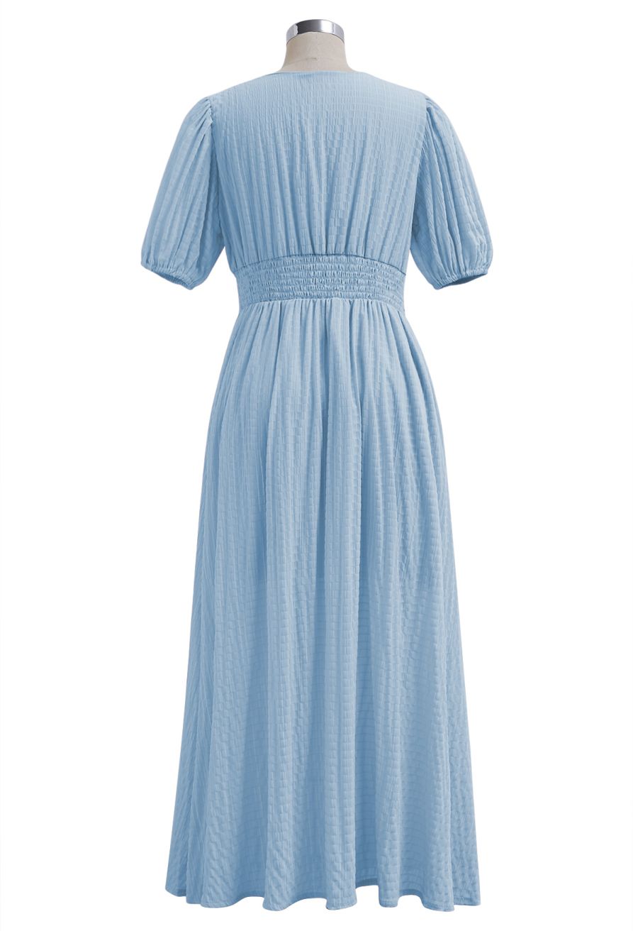 V-Neck Embossed Button Decor Dress in Light Blue