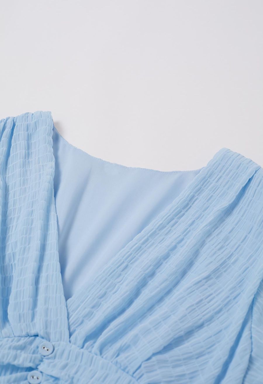 V-Neck Embossed Button Decor Dress in Light Blue