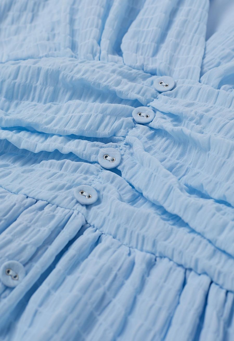 V-Neck Embossed Button Decor Dress in Light Blue