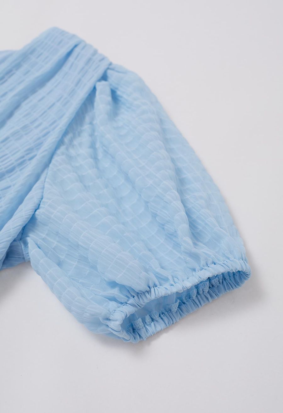 V-Neck Embossed Button Decor Dress in Light Blue
