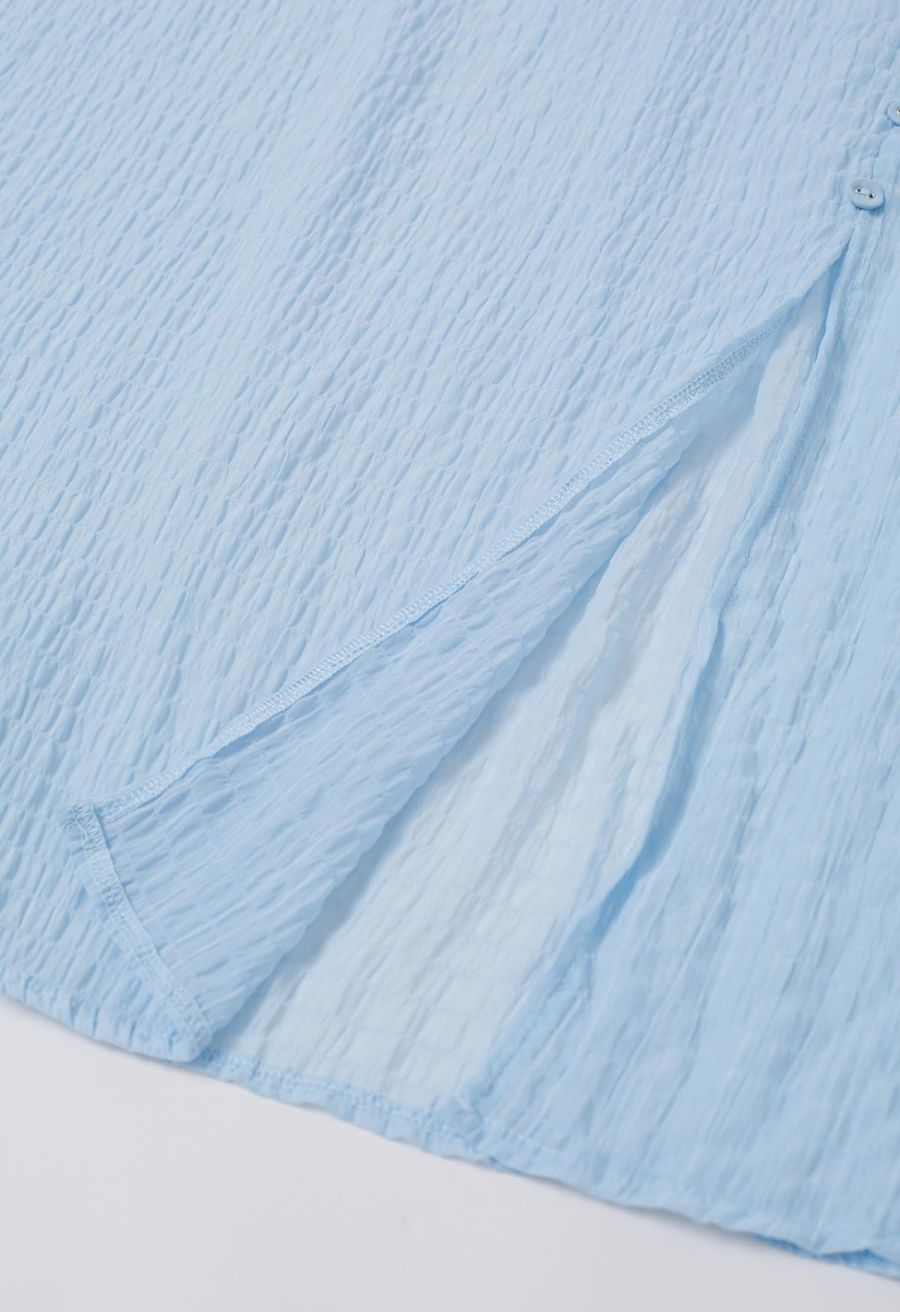 V-Neck Embossed Button Decor Dress in Light Blue