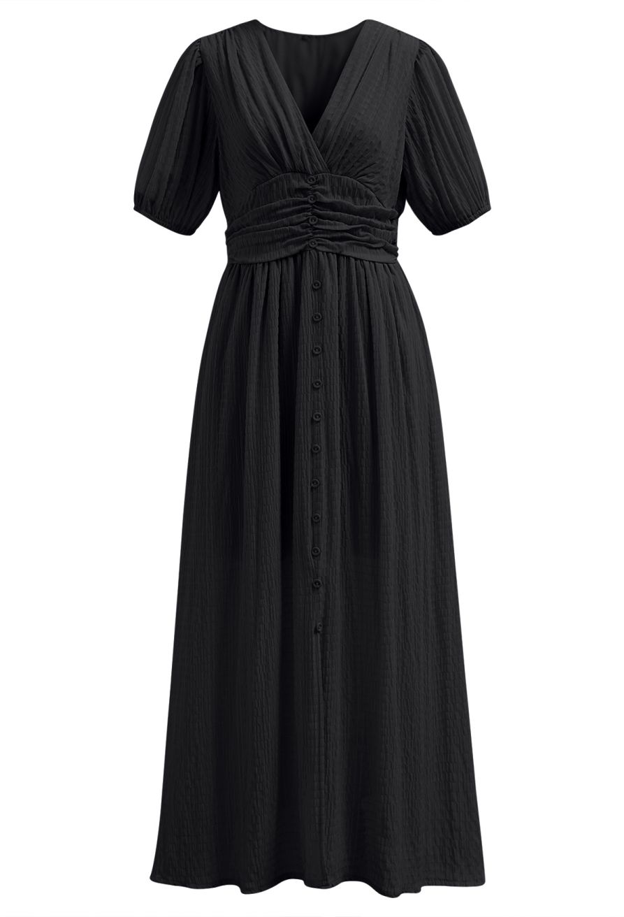 V-Neck Embossed Button Decor Dress in Black