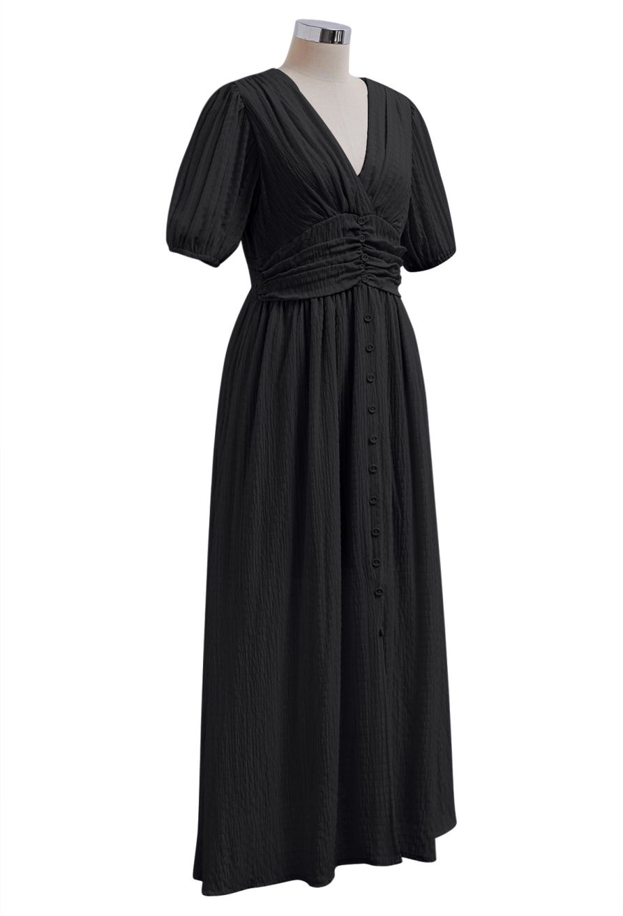 V-Neck Embossed Button Decor Dress in Black
