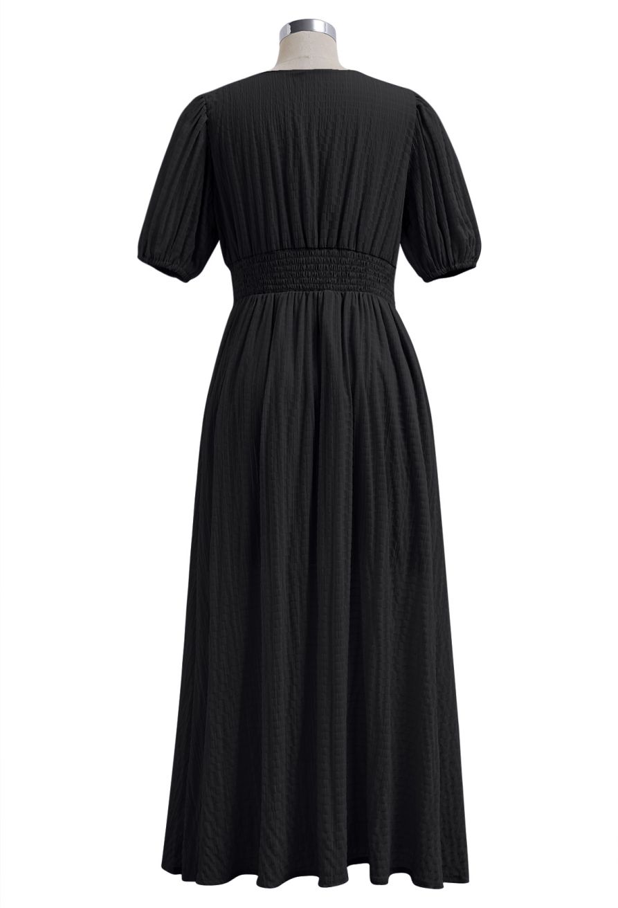 V-Neck Embossed Button Decor Dress in Black
