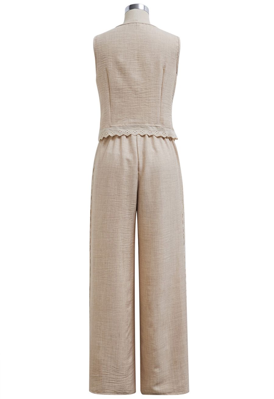 Lace Trim Buttoned Vest and Pants Set in Linen