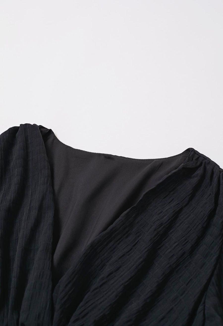 V-Neck Embossed Button Decor Dress in Black
