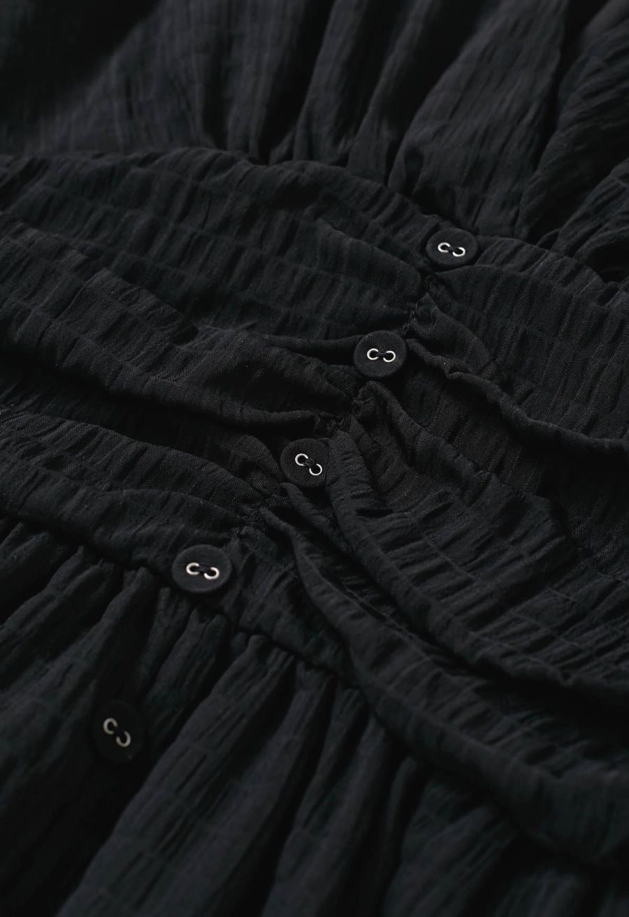 V-Neck Embossed Button Decor Dress in Black