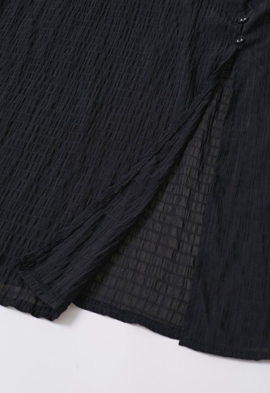 V-Neck Embossed Button Decor Dress in Black