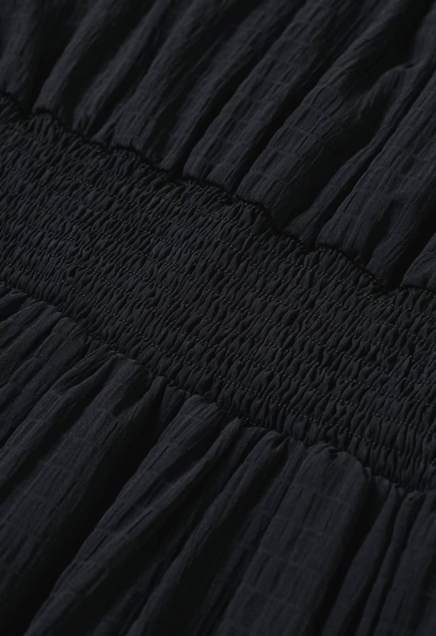 V-Neck Embossed Button Decor Dress in Black