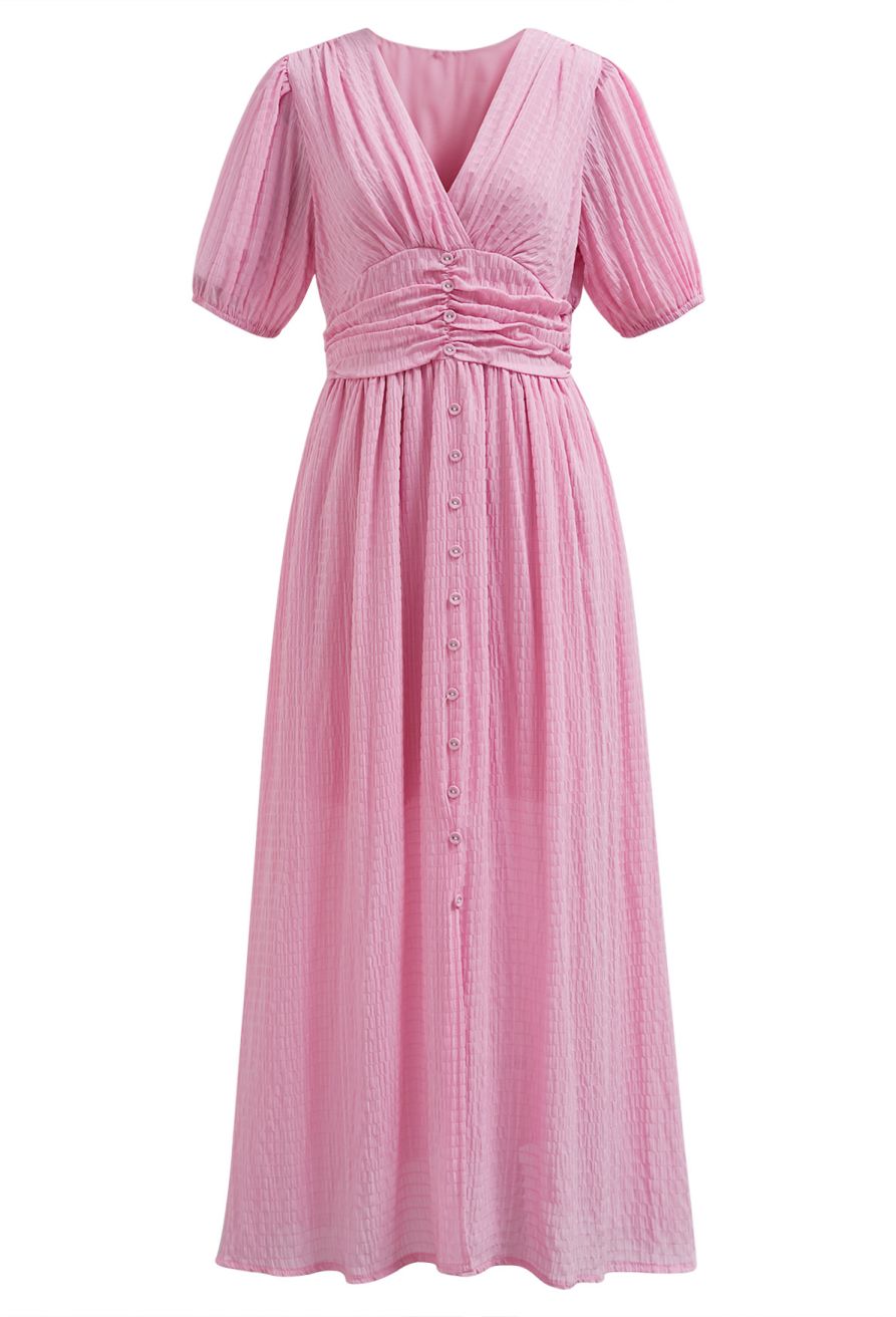 V-Neck Embossed Button Decor Dress in Light Pink