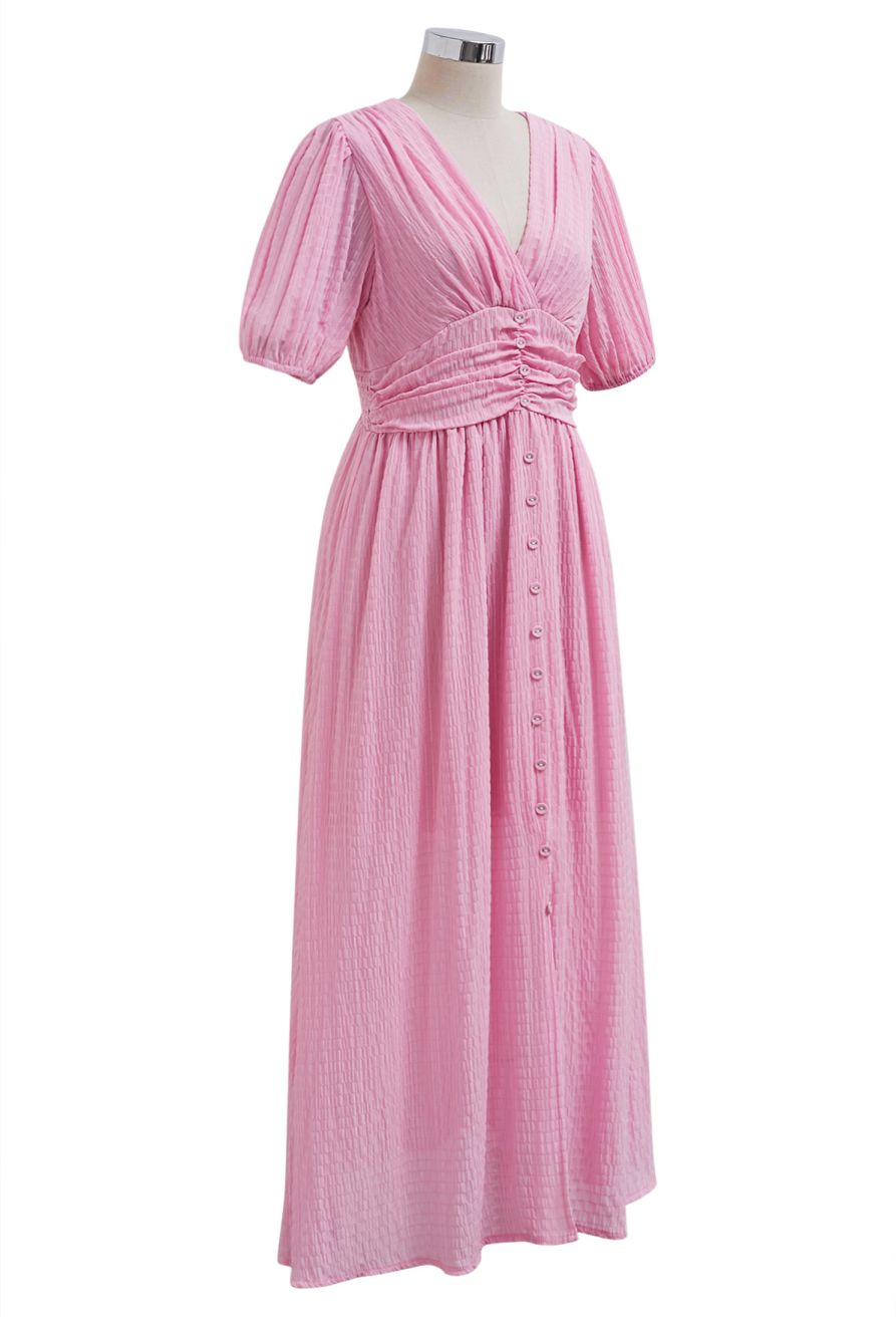 V-Neck Embossed Button Decor Dress in Light Pink