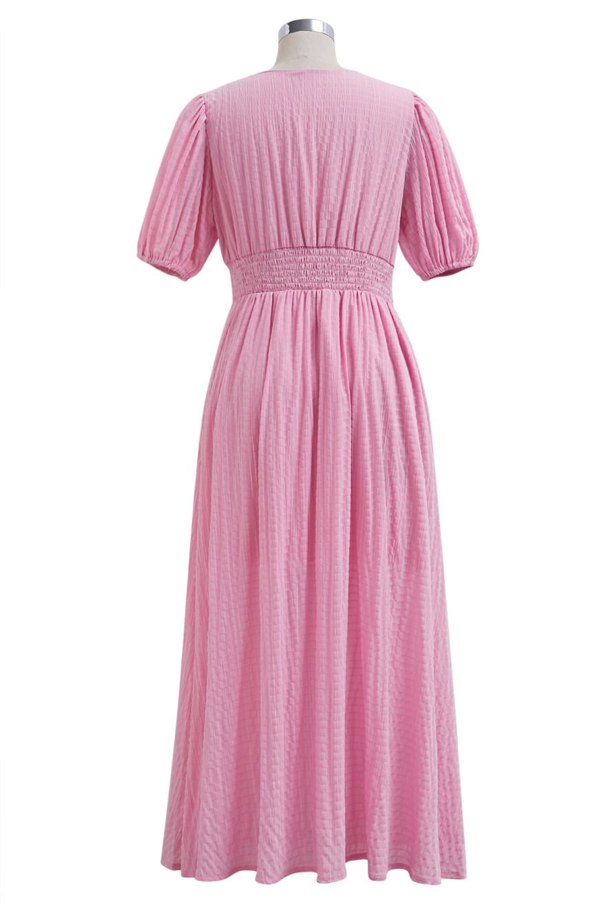 V-Neck Embossed Button Decor Dress in Light Pink