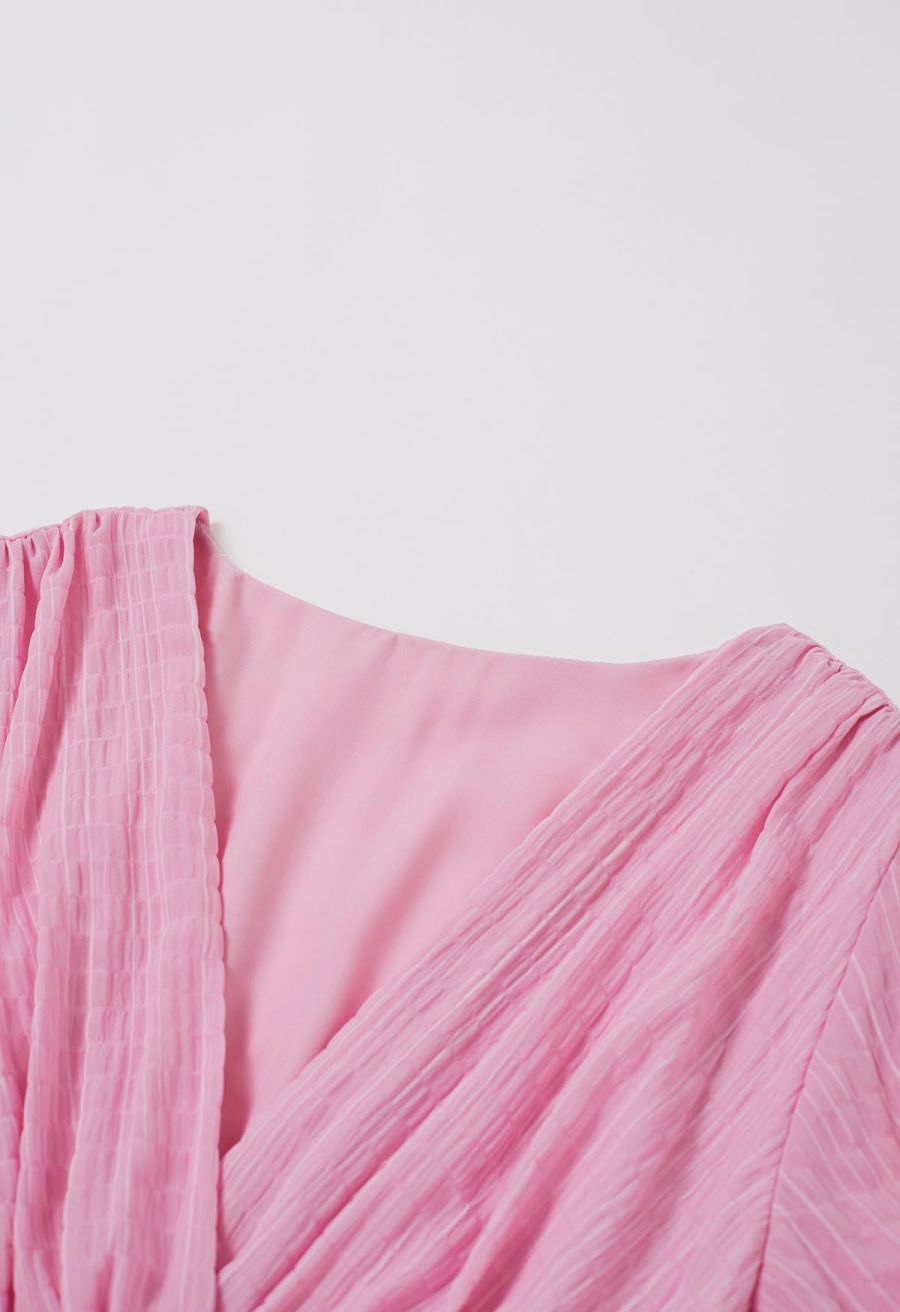 V-Neck Embossed Button Decor Dress in Light Pink