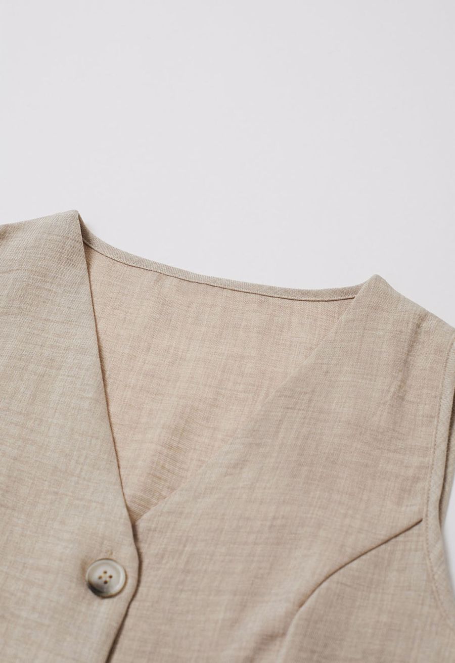 Lace Trim Buttoned Vest and Pants Set in Linen