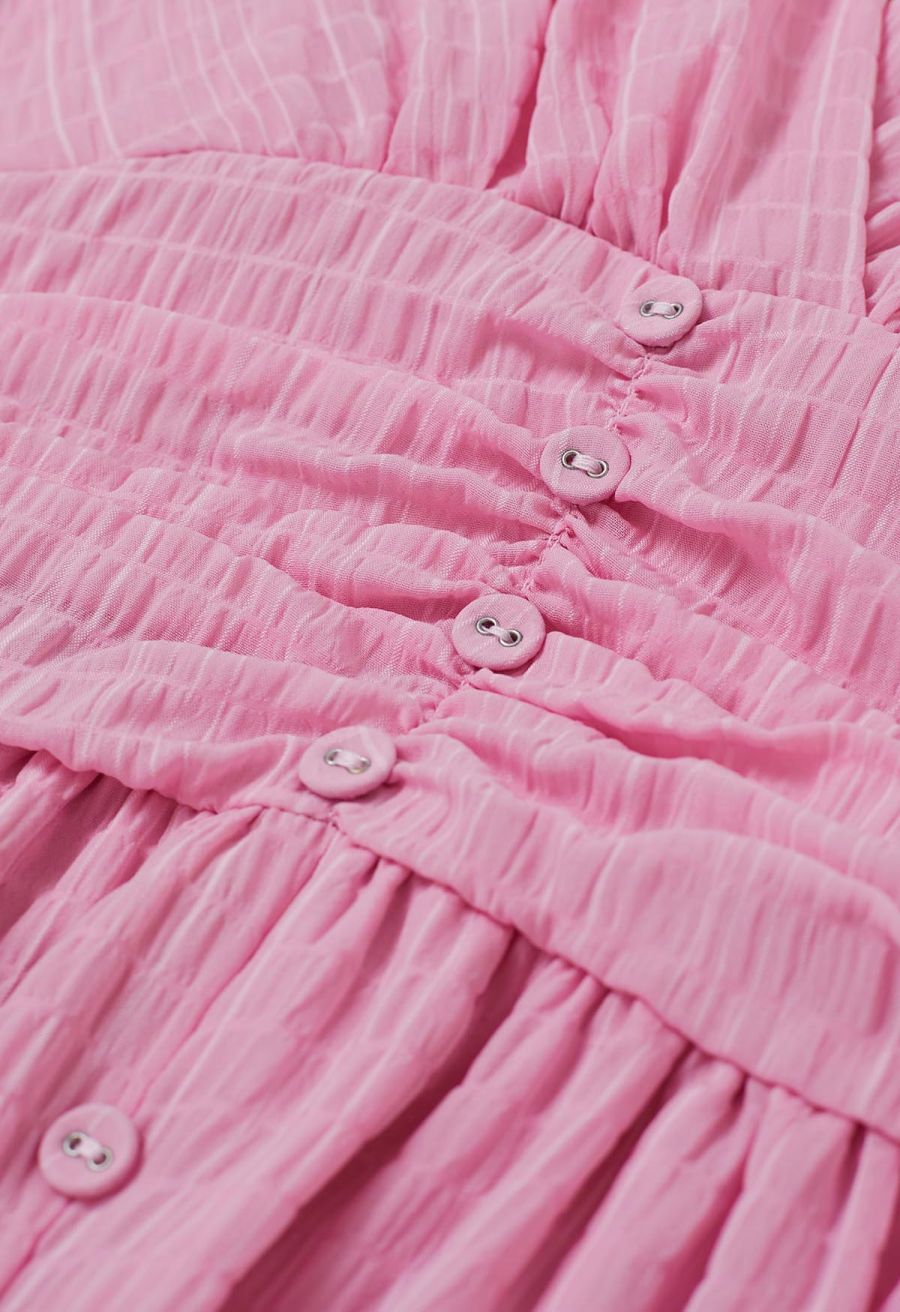 V-Neck Embossed Button Decor Dress in Light Pink