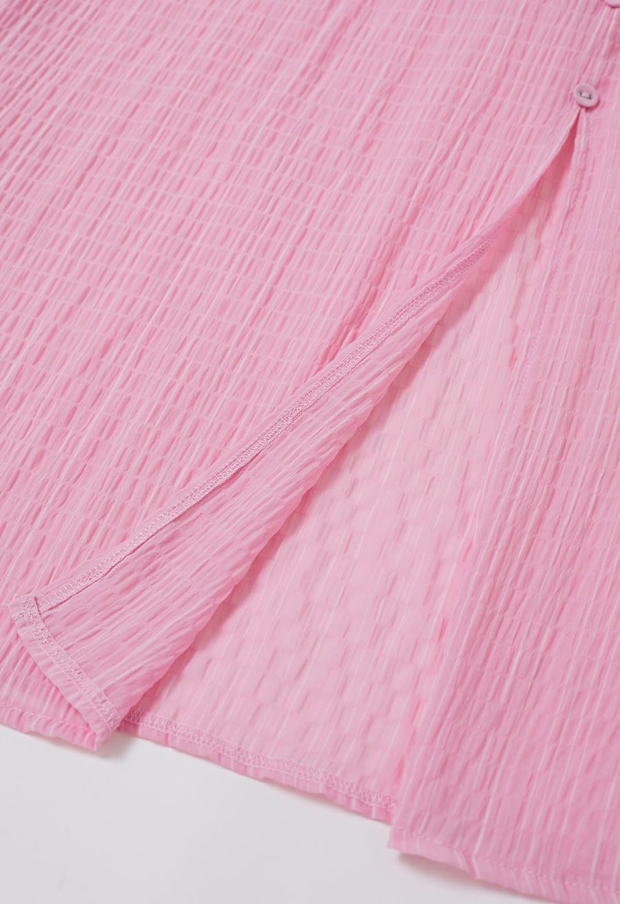 V-Neck Embossed Button Decor Dress in Light Pink