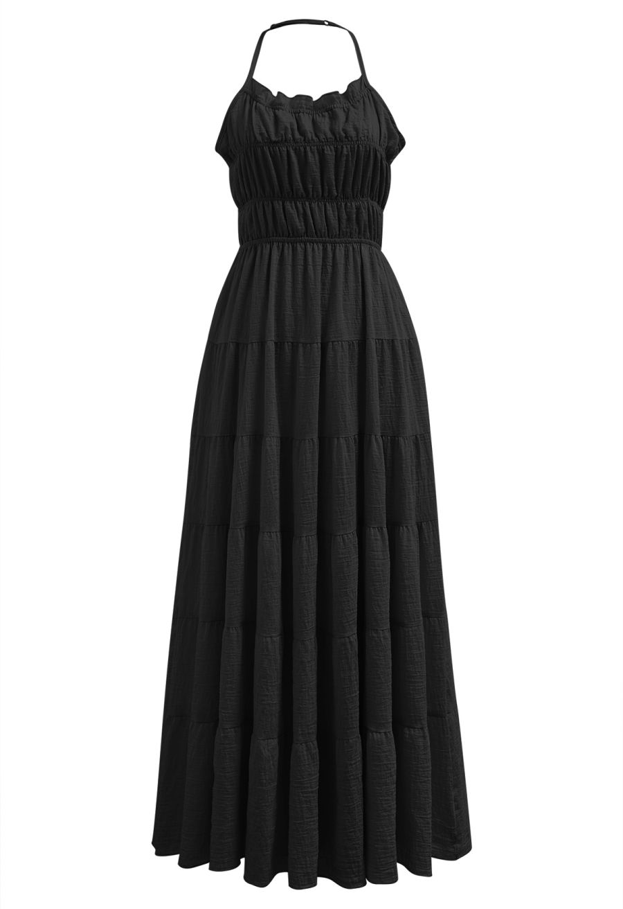 Tie-Back Crinkled Tiered Halter Dress in Black