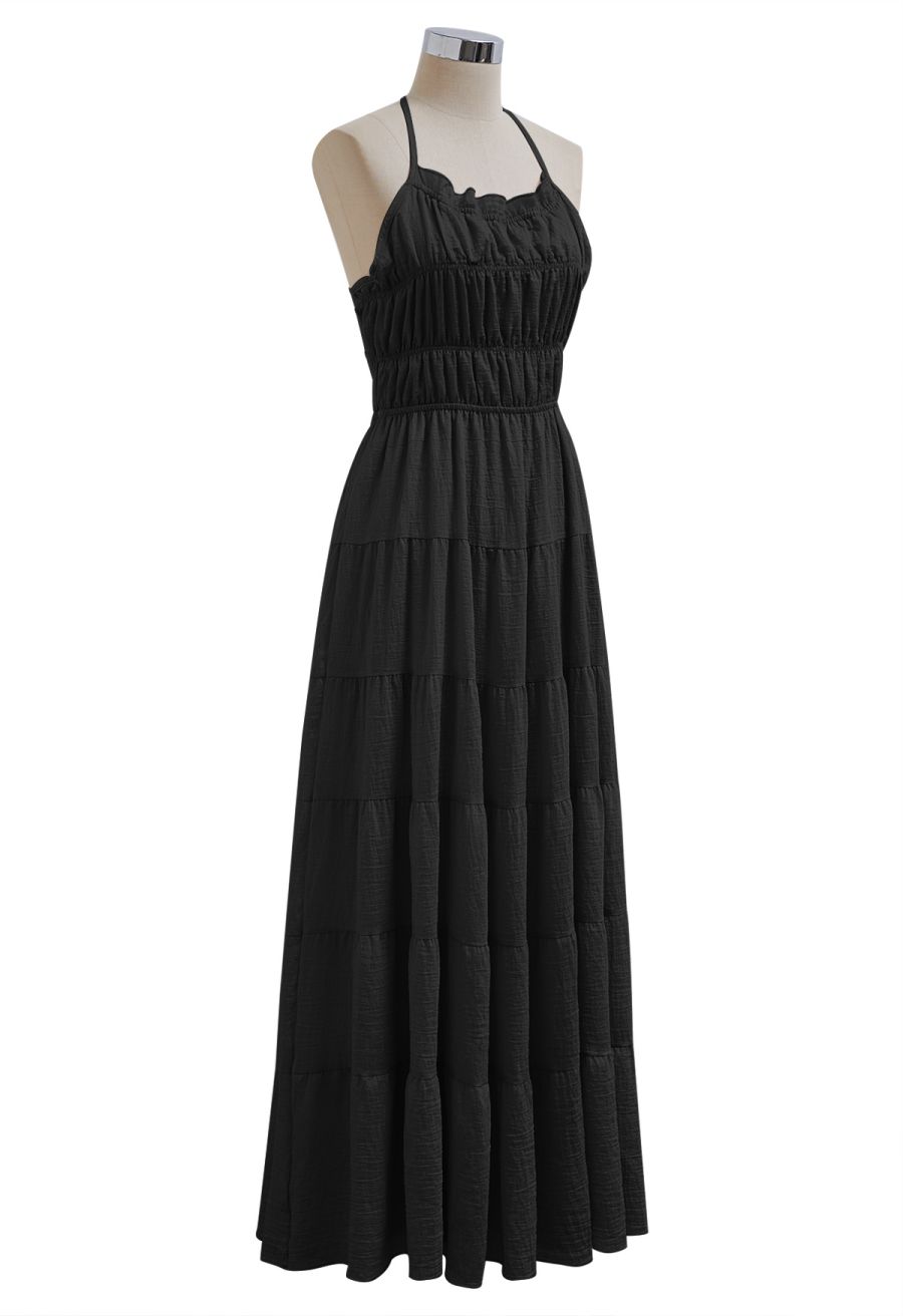 Tie-Back Crinkled Tiered Halter Dress in Black