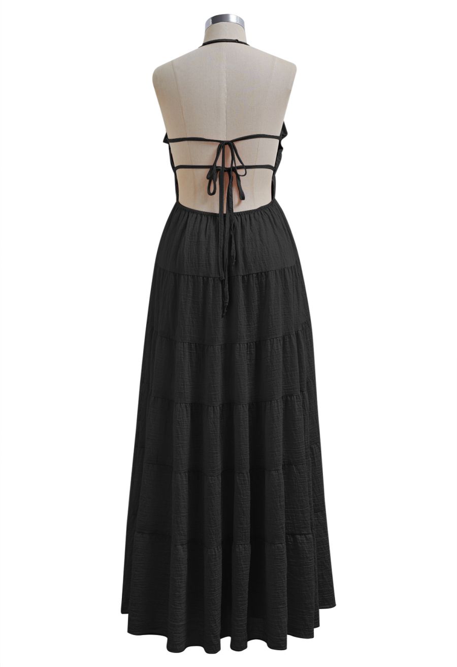 Tie-Back Crinkled Tiered Halter Dress in Black