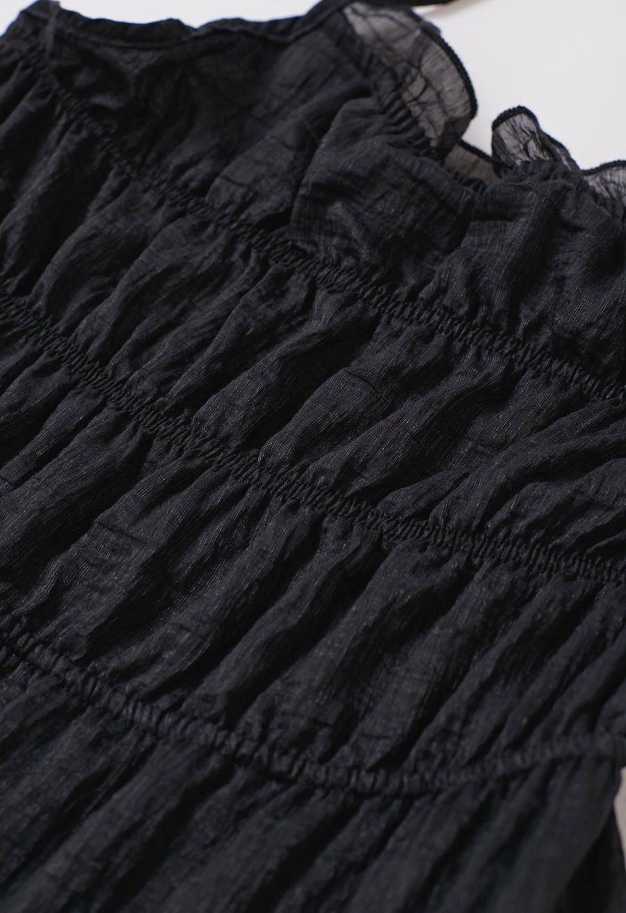 Tie-Back Crinkled Tiered Halter Dress in Black