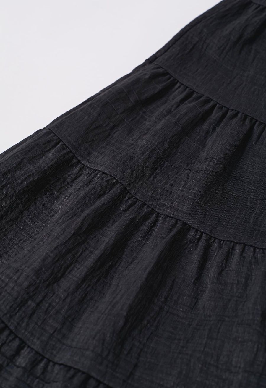 Tie-Back Crinkled Tiered Halter Dress in Black