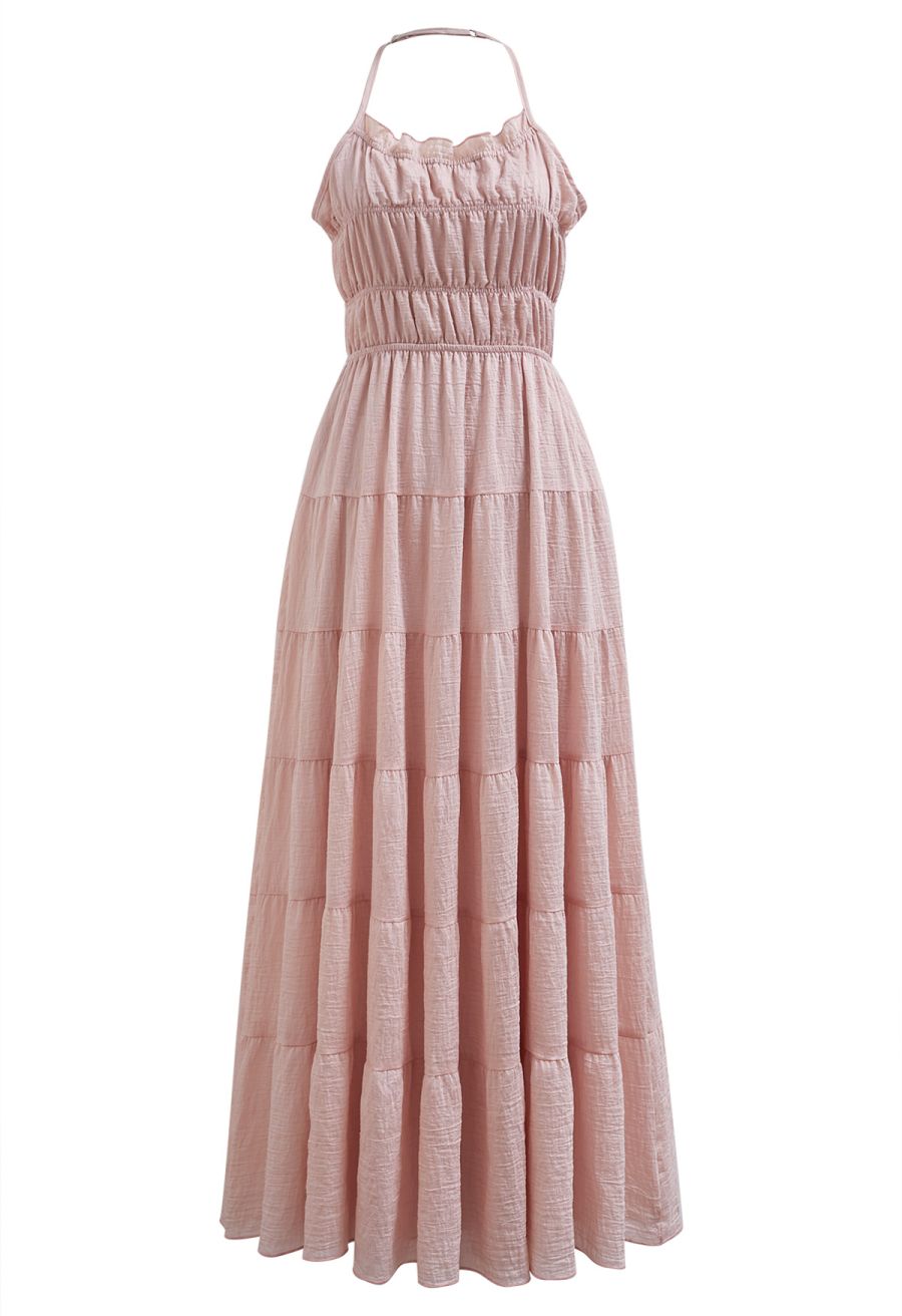 Tie-Back Crinkled Tiered Halter Dress in Light Pink