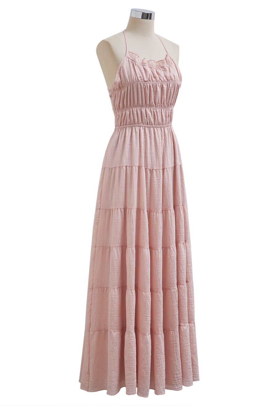 Tie-Back Crinkled Tiered Halter Dress in Light Pink