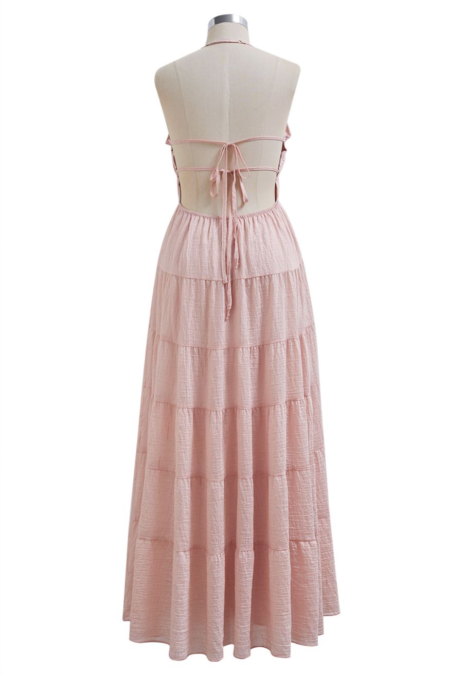 Tie-Back Crinkled Tiered Halter Dress in Light Pink