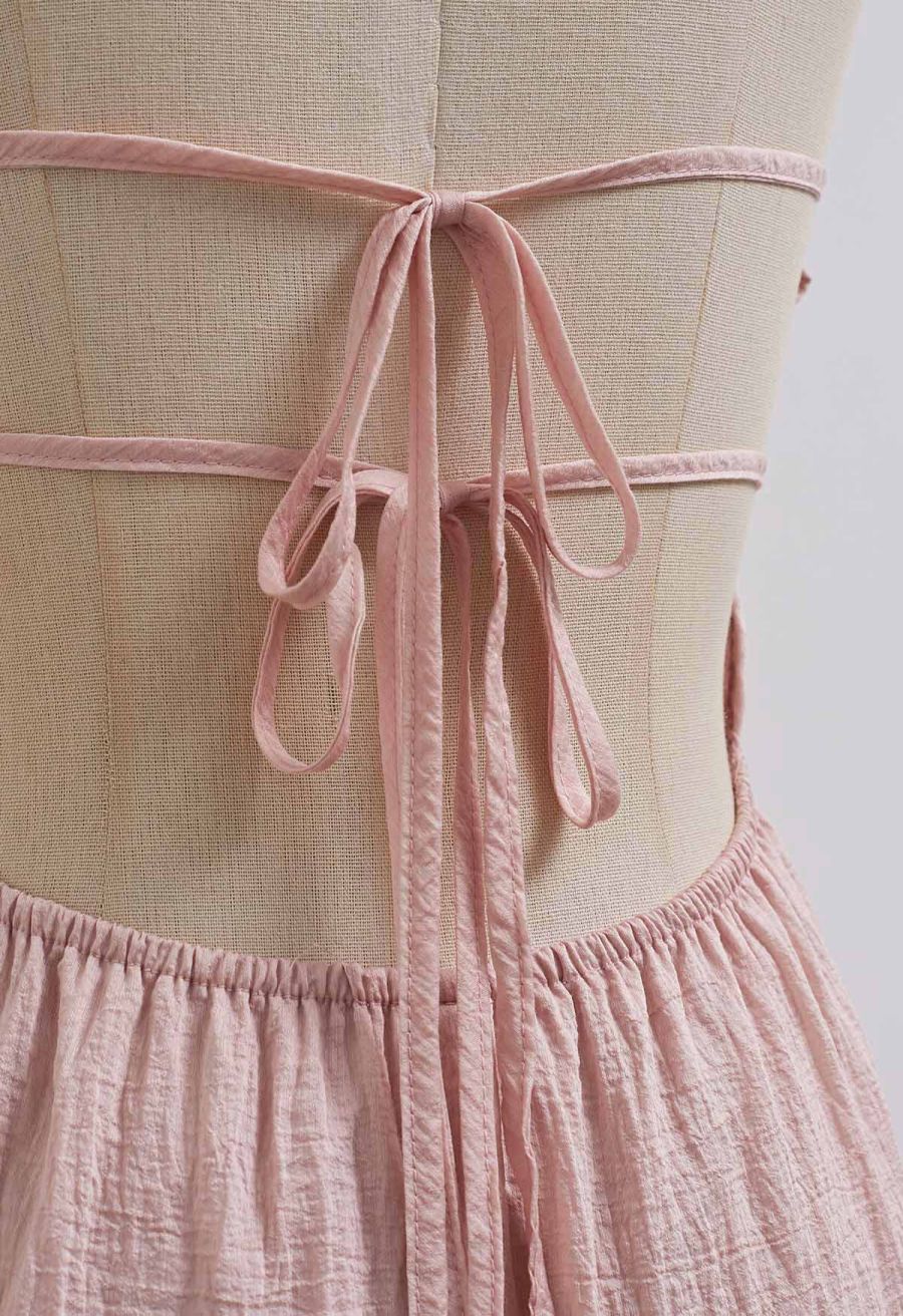 Tie-Back Crinkled Tiered Halter Dress in Light Pink