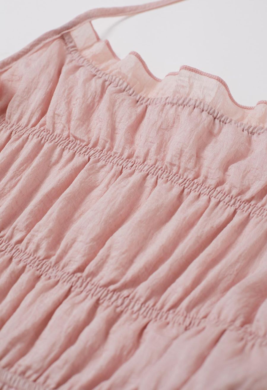 Tie-Back Crinkled Tiered Halter Dress in Light Pink