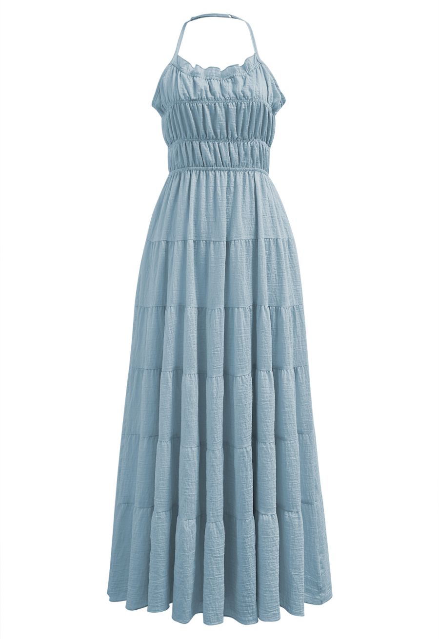 Tie-Back Crinkled Tiered Halter Dress in Light Blue