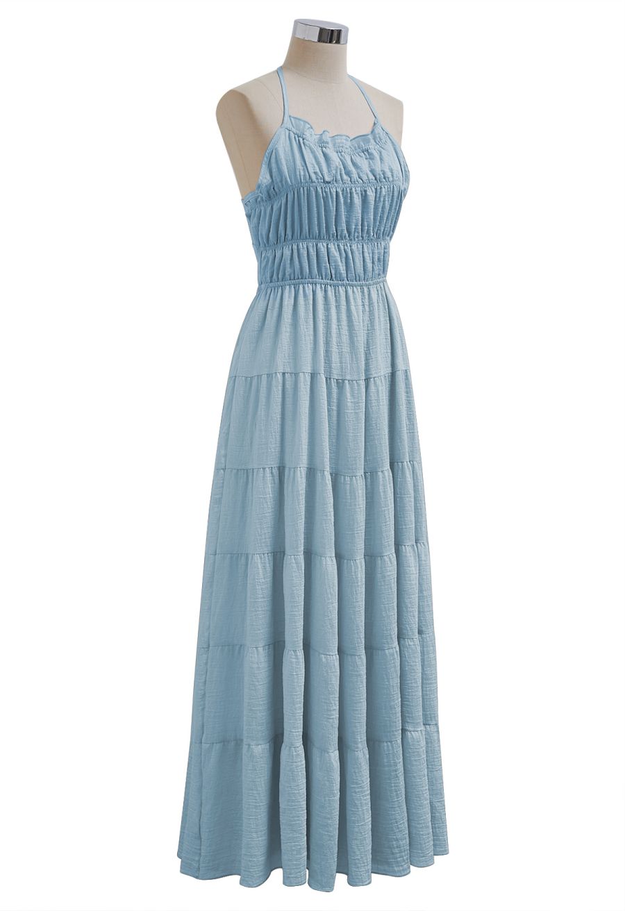 Tie-Back Crinkled Tiered Halter Dress in Light Blue