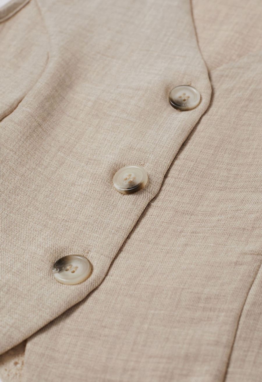 Lace Trim Buttoned Vest and Pants Set in Linen