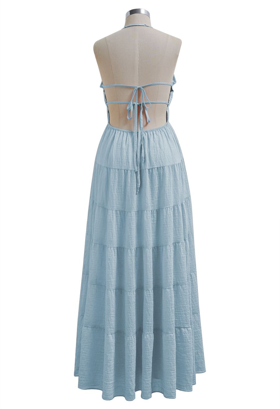 Tie-Back Crinkled Tiered Halter Dress in Light Blue