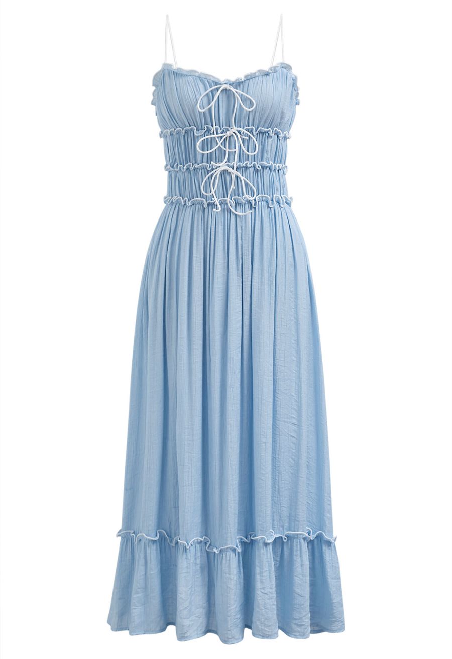 Self-Tie Bowknot Ruffle Cami Midi Dress in Light Blue