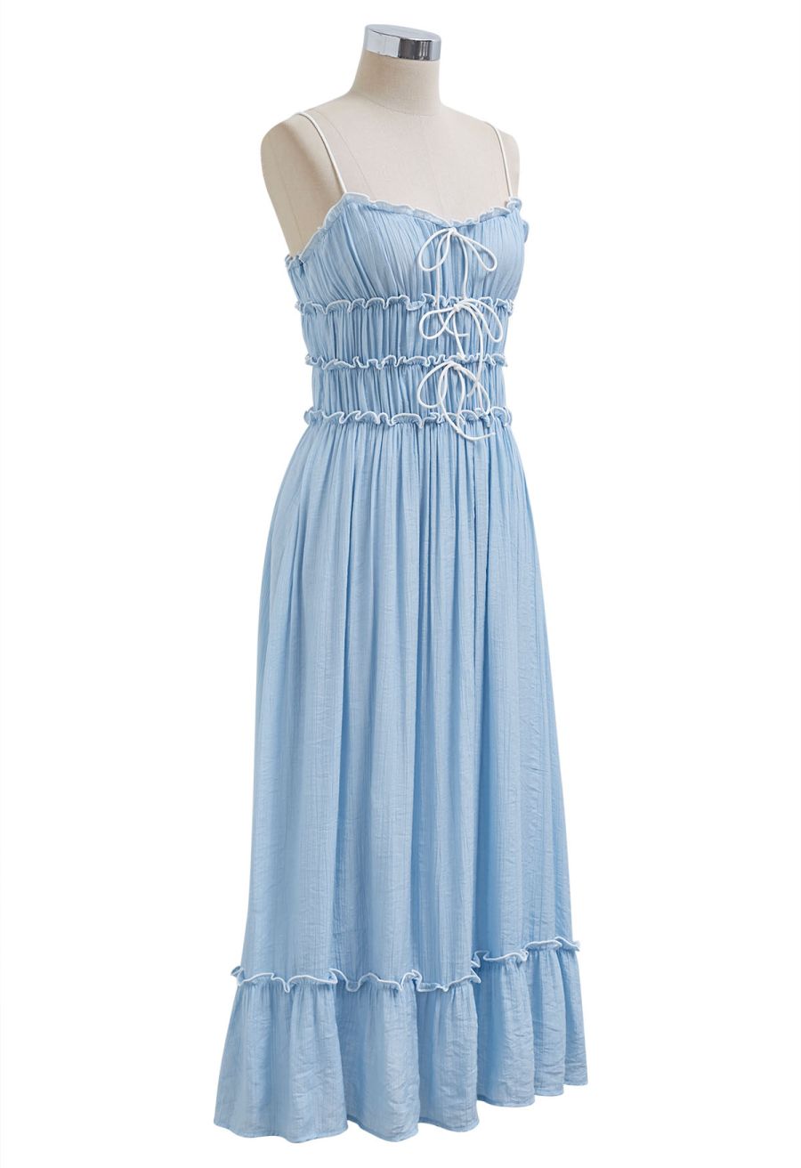 Self-Tie Bowknot Ruffle Cami Midi Dress in Light Blue