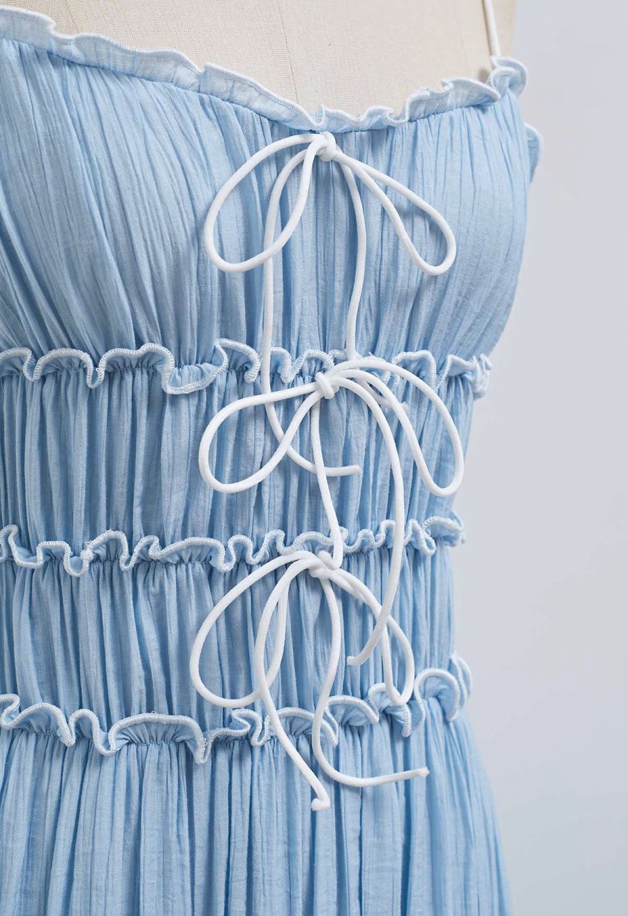 Self-Tie Bowknot Ruffle Cami Midi Dress in Light Blue