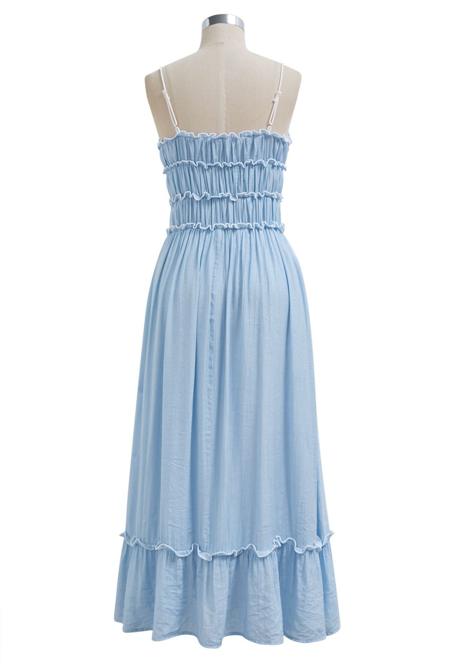 Self-Tie Bowknot Ruffle Cami Midi Dress in Light Blue