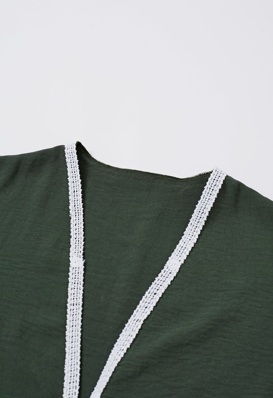 Tapework Lace Buttoned Sleeveless Top and Pants Set in Army Green