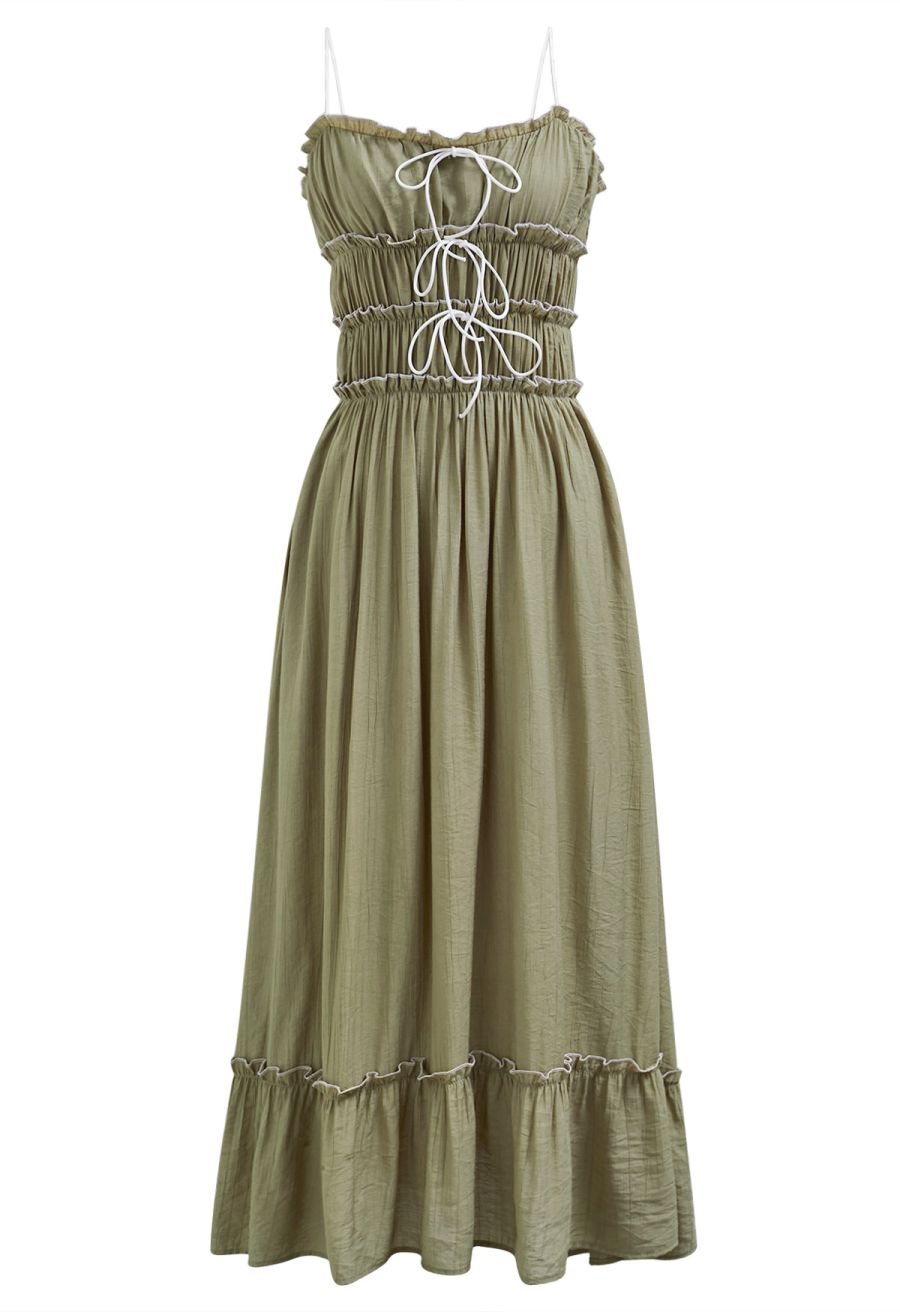 Self-Tie Bowknot Ruffle Cami Midi Dress in Moss Green