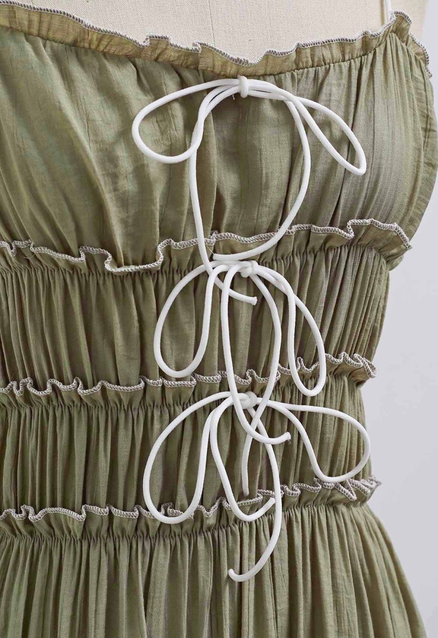 Self-Tie Bowknot Ruffle Cami Midi Dress in Moss Green