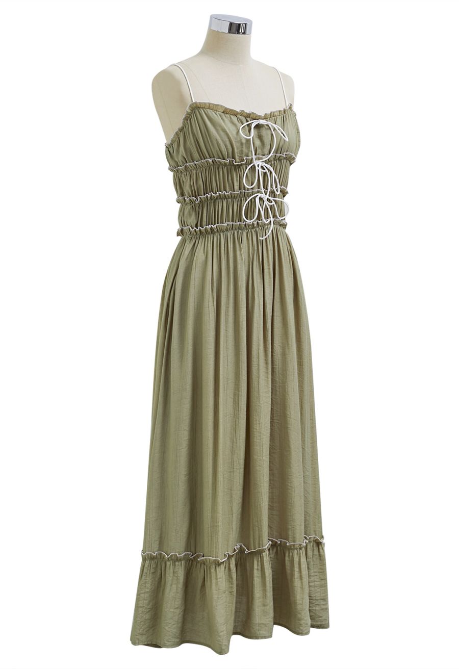 Self-Tie Bowknot Ruffle Cami Midi Dress in Moss Green