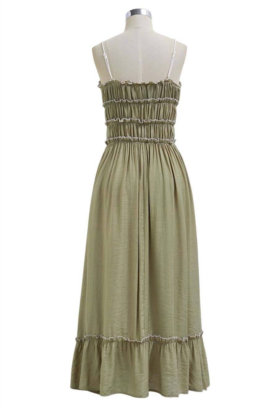 Self-Tie Bowknot Ruffle Cami Midi Dress in Moss Green