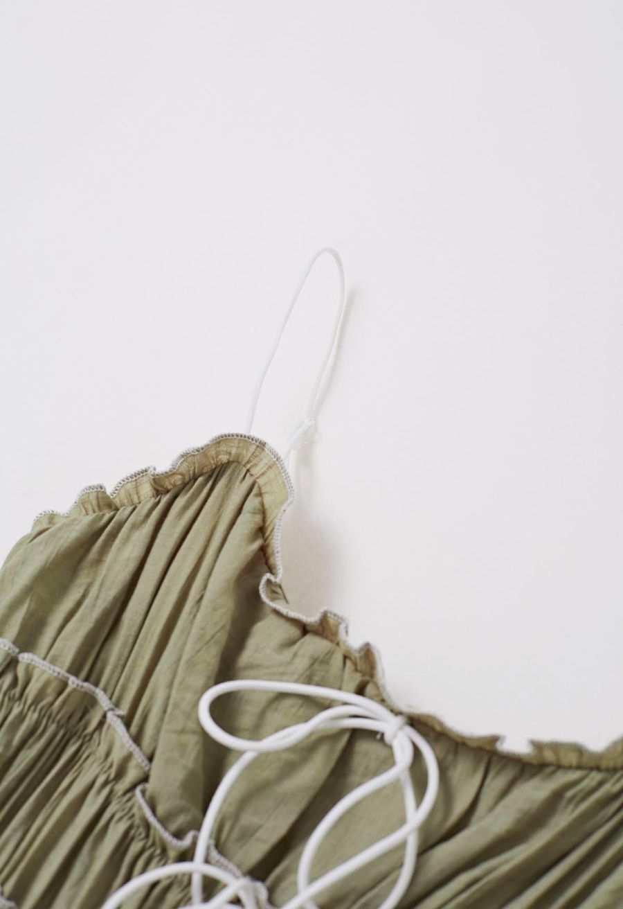 Self-Tie Bowknot Ruffle Cami Midi Dress in Moss Green
