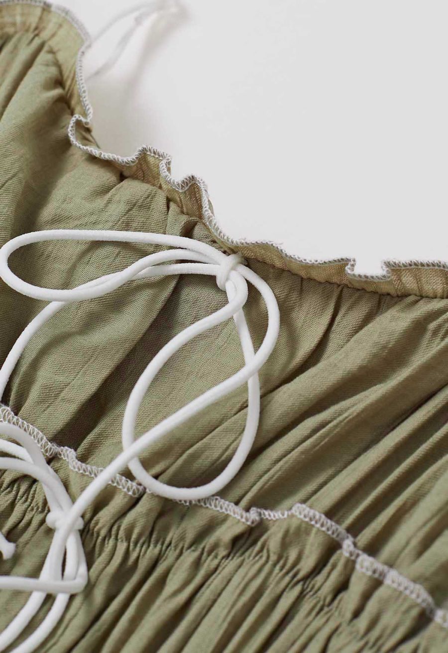 Self-Tie Bowknot Ruffle Cami Midi Dress in Moss Green