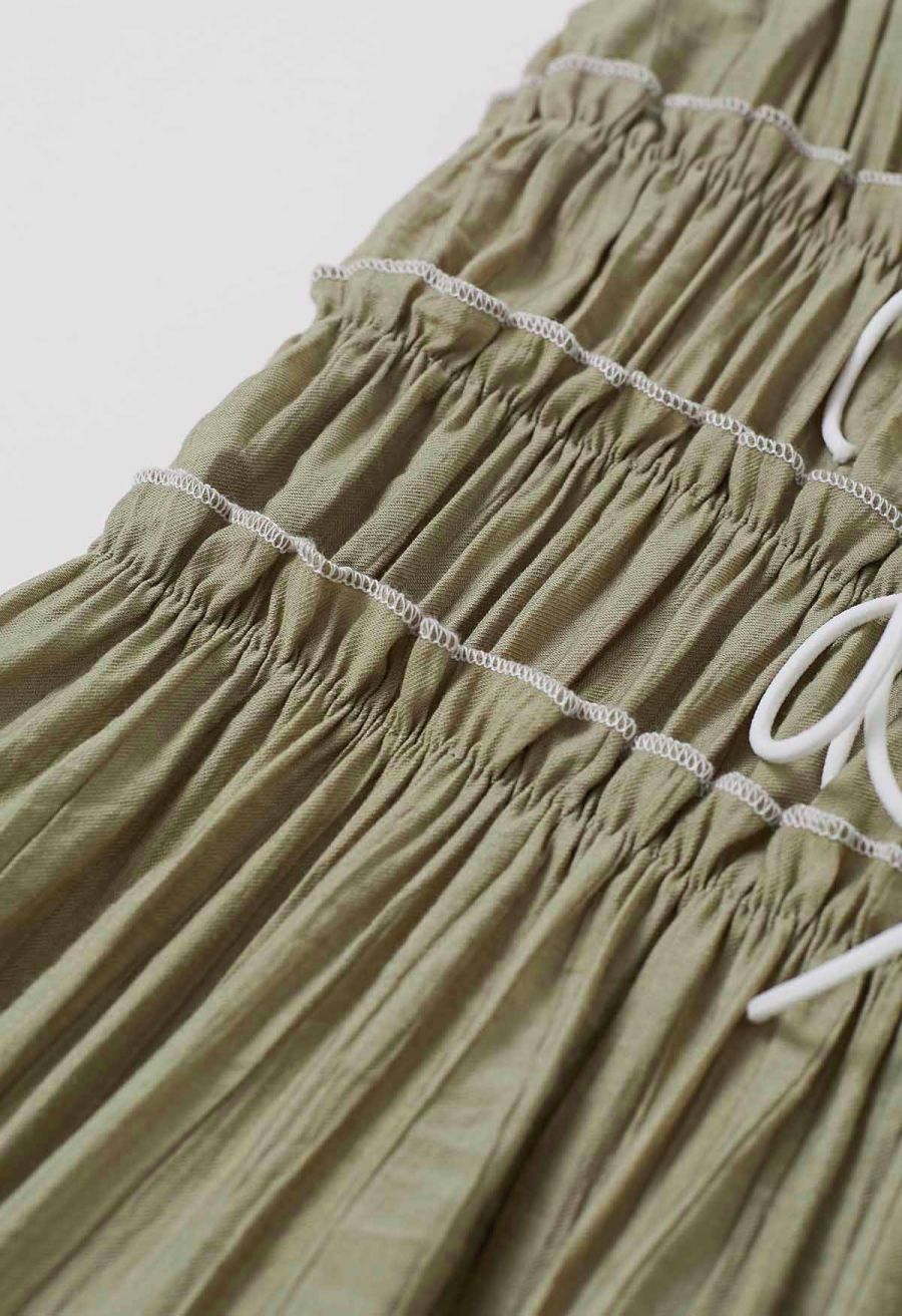 Self-Tie Bowknot Ruffle Cami Midi Dress in Moss Green