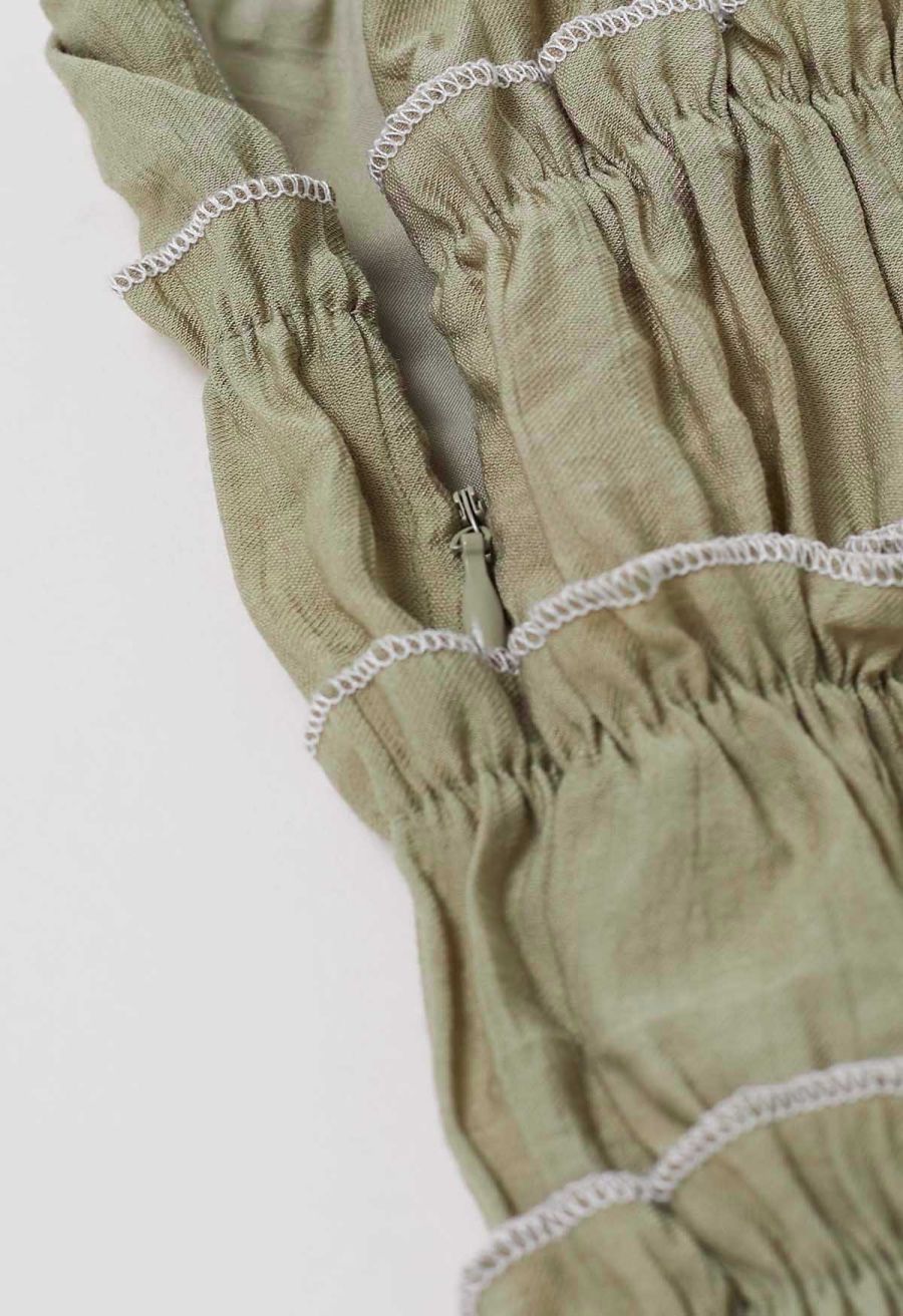 Self-Tie Bowknot Ruffle Cami Midi Dress in Moss Green