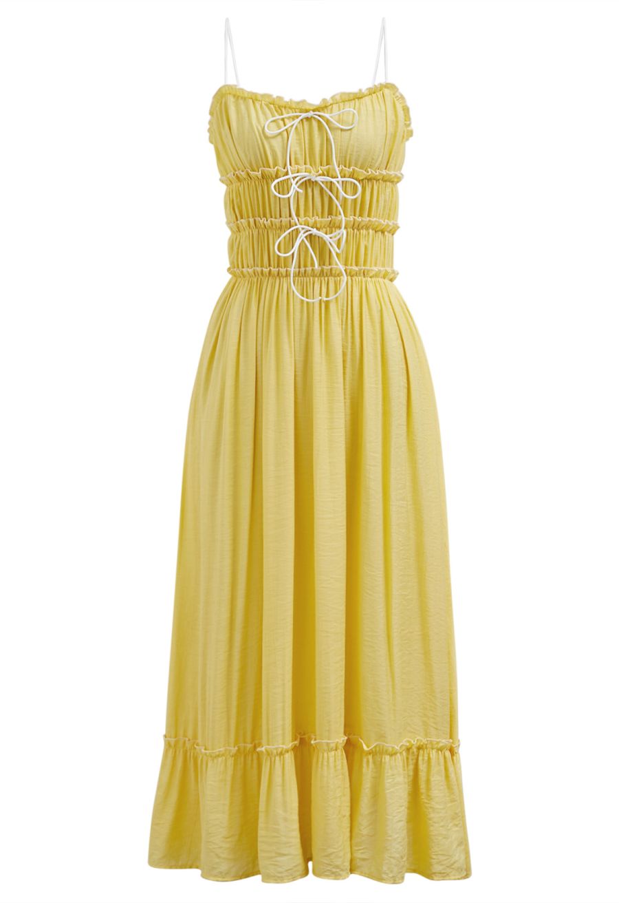 Self-Tie Bowknot Ruffle Cami Midi Dress in Yellow