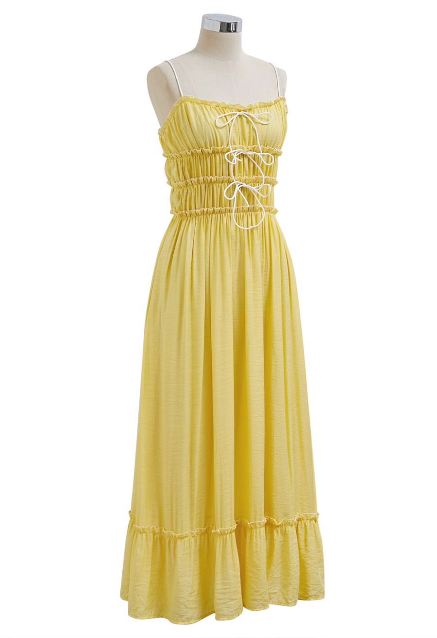 Self-Tie Bowknot Ruffle Cami Midi Dress in Yellow